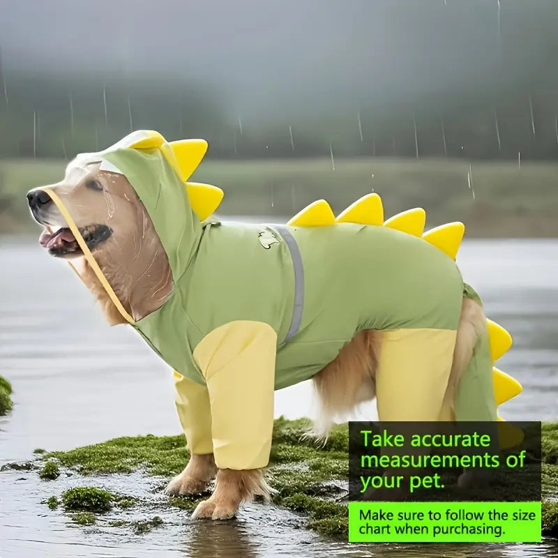 Large Breed Dog Dinosaur Raincoat - Full Body Coverage with 4-Leg and Tail Hoodie, Comfortable Polyester Design for Golden Retrievers and Labradors
