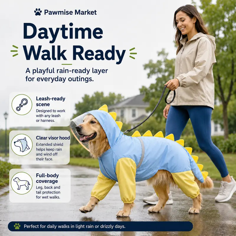 Large Breed Dog Dinosaur Raincoat - Full Body Coverage with 4-Leg and Tail Hoodie, Comfortable Polyester Design for Golden Retrievers and Labradors