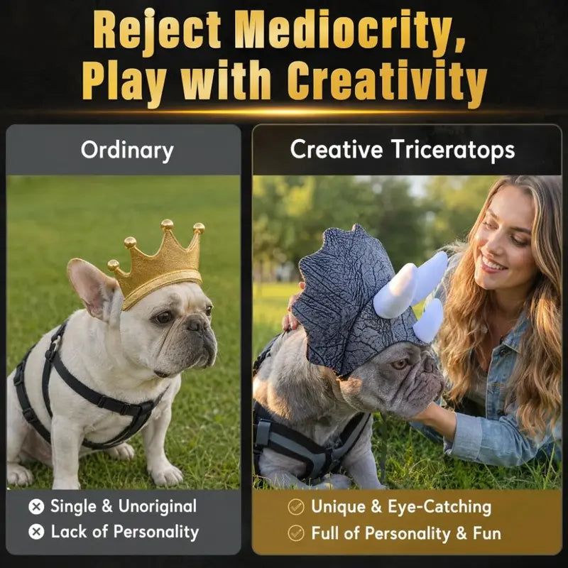 Halloween Pet Triceratops Dinosaur Costume Hat - Adjustable Headwear for Small to Medium Dogs with 3D Horns and Bionic Cracked Texture, Perfect for French Bulldogs