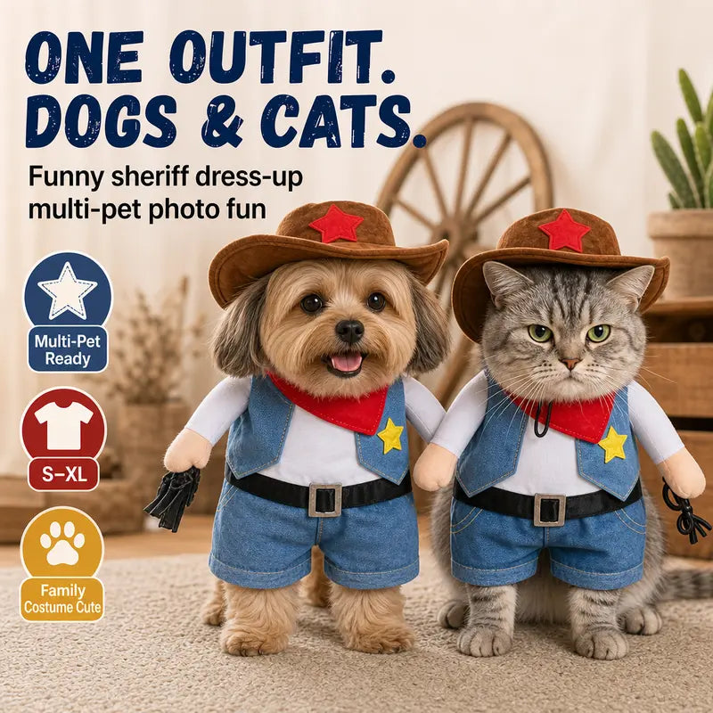 Western Sheriff Pet Costume for Dogs and Cats, Complete Outfit with Cowboy Hat, Bandana, and Lasso – Ideal for Halloween, Parties, and Photoshoots