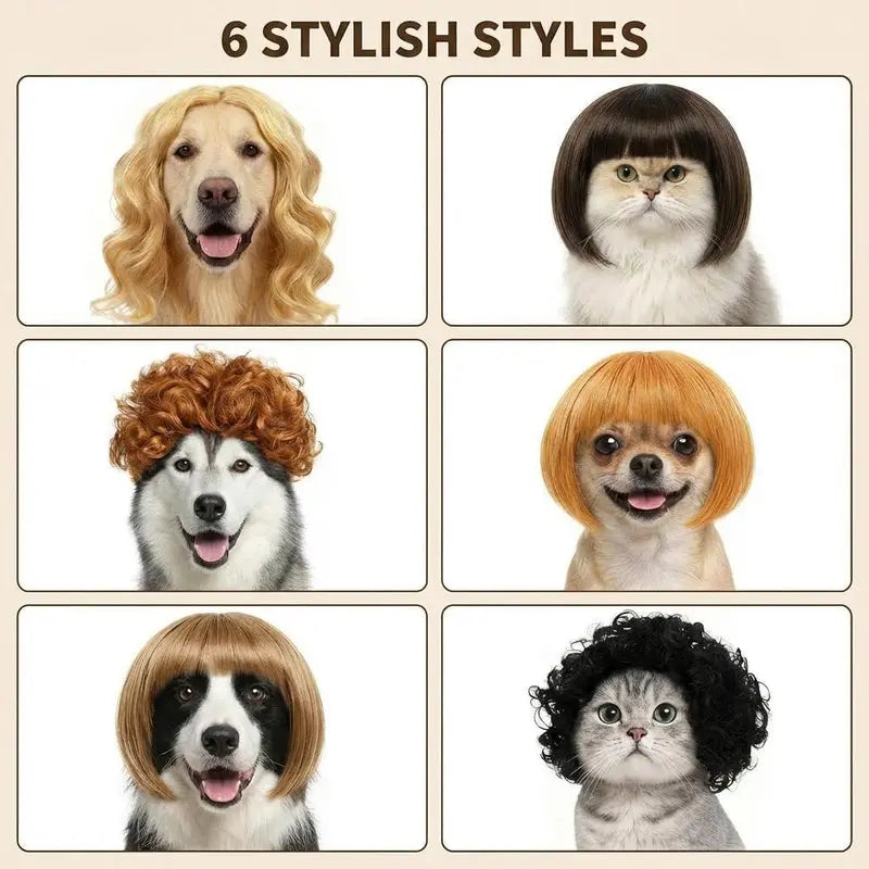 6-Pack Adjustable Pet Wigs for Cats and Dogs – Soft Cosplay Costumes for Halloween, Christmas, Parties, and Photo Shoots