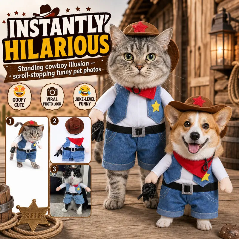 Western Sheriff Pet Costume for Dogs and Cats, Complete Outfit with Cowboy Hat, Bandana, and Lasso – Ideal for Halloween, Parties, and Photoshoots