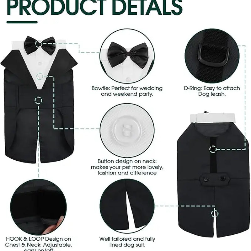 Kuoser Formal Tuxedo Set for Medium-Large Dogs - 2-Piece with Bandana, Bow Tie, Hook-and-Loop Closure, and Decorative Buttons, Ideal for Weddings and All Seasons (2XL, Golden Retriever, Samoyed, Bulldog)