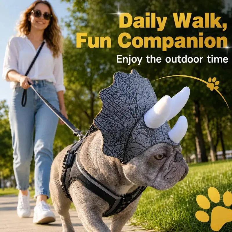 Halloween Pet Triceratops Dinosaur Costume Hat - Adjustable Headwear for Small to Medium Dogs with 3D Horns and Bionic Cracked Texture, Perfect for French Bulldogs