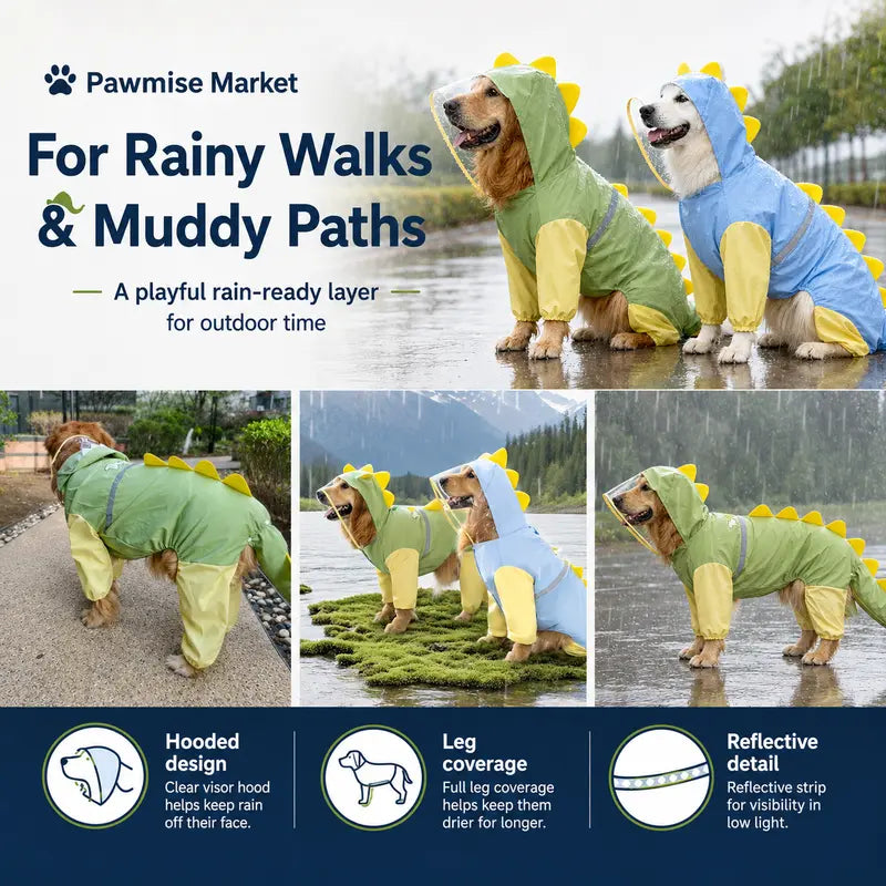 Large Breed Dog Dinosaur Raincoat - Full Body Coverage with 4-Leg and Tail Hoodie, Comfortable Polyester Design for Golden Retrievers and Labradors