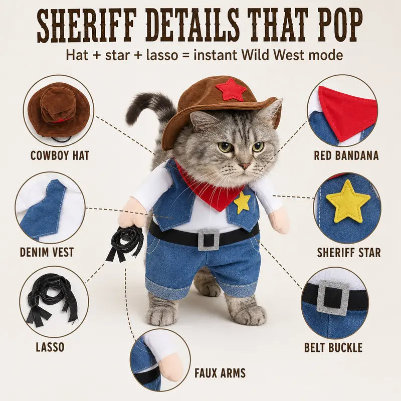 Western Sheriff Pet Costume for Dogs and Cats, Complete Outfit with Cowboy Hat, Bandana, and Lasso – Ideal for Halloween, Parties, and Photoshoots