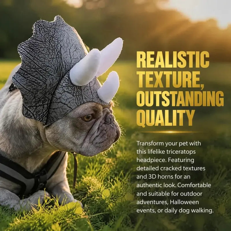 Halloween Pet Triceratops Dinosaur Costume Hat - Adjustable Headwear for Small to Medium Dogs with 3D Horns and Bionic Cracked Texture, Perfect for French Bulldogs