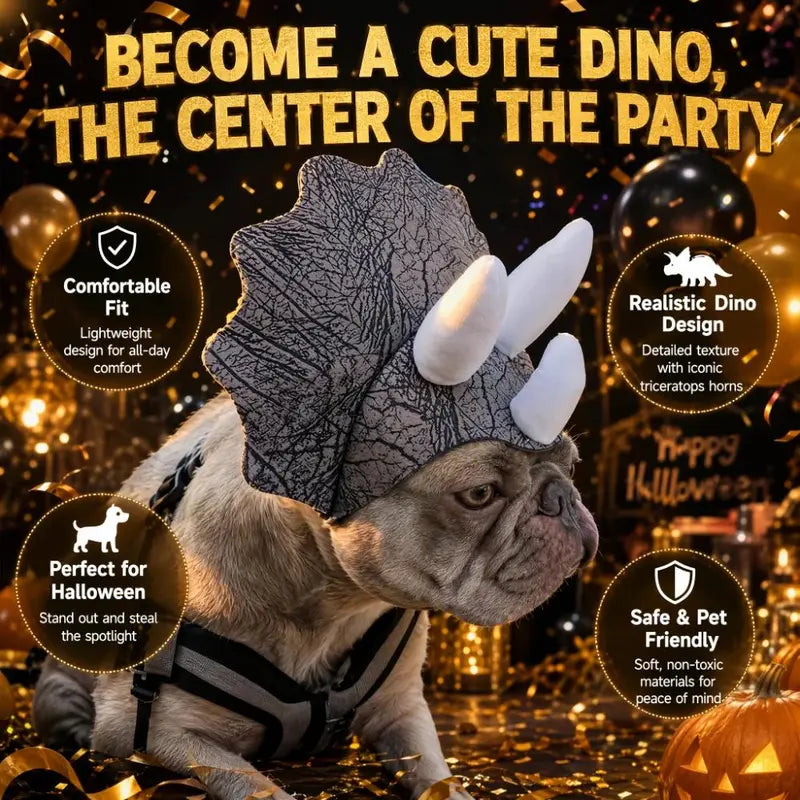 Halloween Pet Triceratops Dinosaur Costume Hat - Adjustable Headwear for Small to Medium Dogs with 3D Horns and Bionic Cracked Texture, Perfect for French Bulldogs