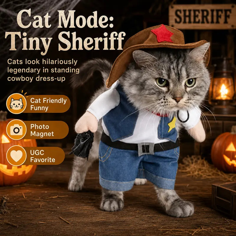 Western Sheriff Pet Costume for Dogs and Cats, Complete Outfit with Cowboy Hat, Bandana, and Lasso – Ideal for Halloween, Parties, and Photoshoots