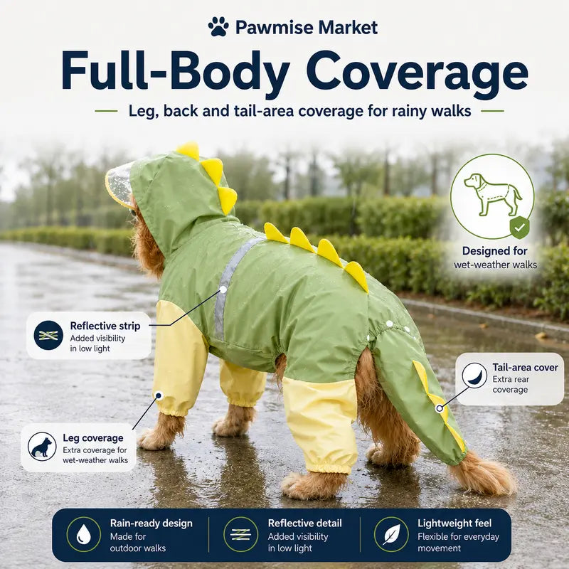 Large Breed Dog Dinosaur Raincoat - Full Body Coverage with 4-Leg and Tail Hoodie, Comfortable Polyester Design for Golden Retrievers and Labradors