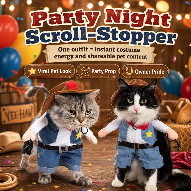 Western Sheriff Pet Costume for Dogs and Cats, Complete Outfit with Cowboy Hat, Bandana, and Lasso – Ideal for Halloween, Parties, and Photoshoots