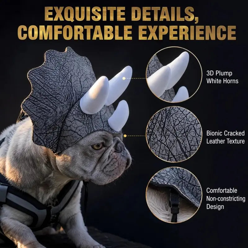 Halloween Pet Triceratops Dinosaur Costume Hat - Adjustable Headwear for Small to Medium Dogs with 3D Horns and Bionic Cracked Texture, Perfect for French Bulldogs
