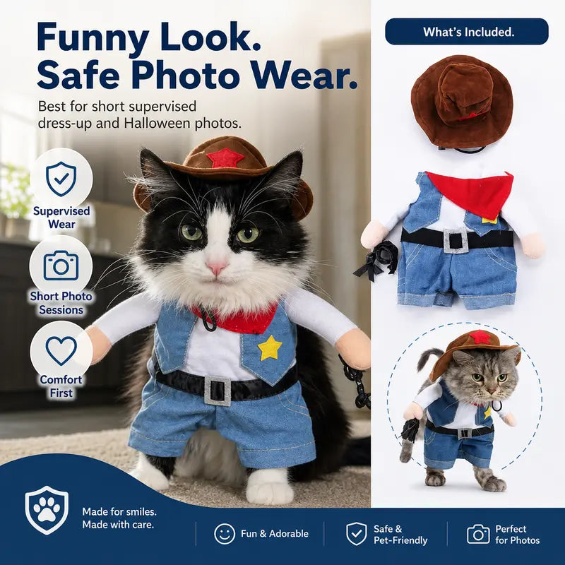 Western Sheriff Pet Costume for Dogs and Cats, Complete Outfit with Cowboy Hat, Bandana, and Lasso – Ideal for Halloween, Parties, and Photoshoots