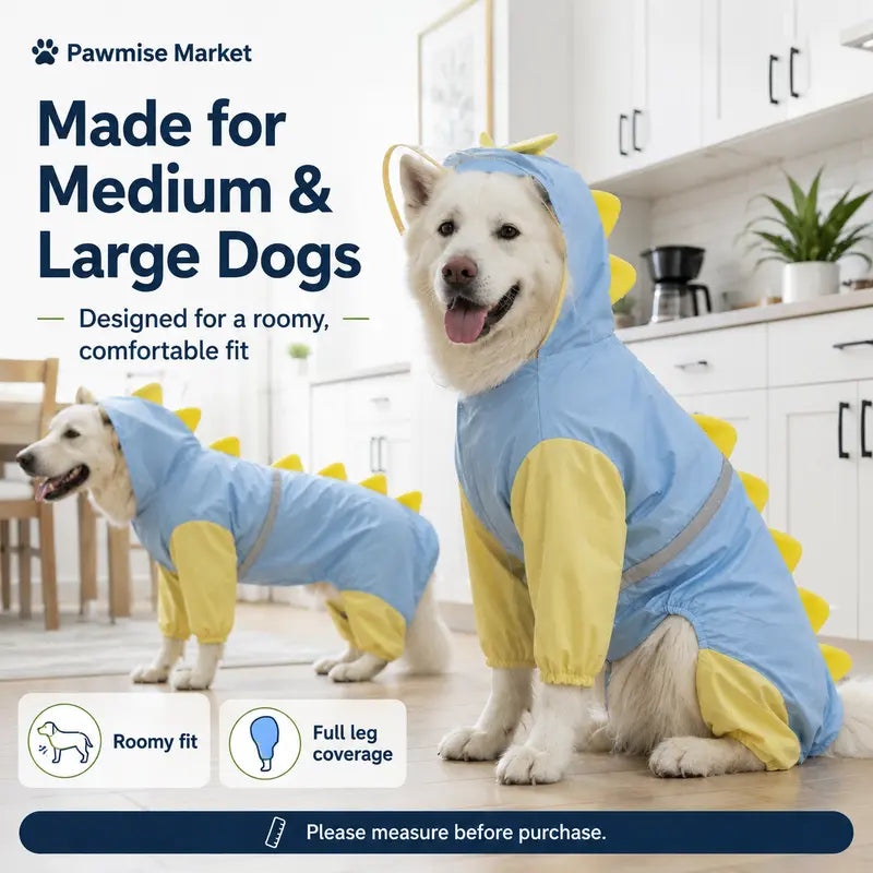 Large Breed Dog Dinosaur Raincoat - Full Body Coverage with 4-Leg and Tail Hoodie, Comfortable Polyester Design for Golden Retrievers and Labradors