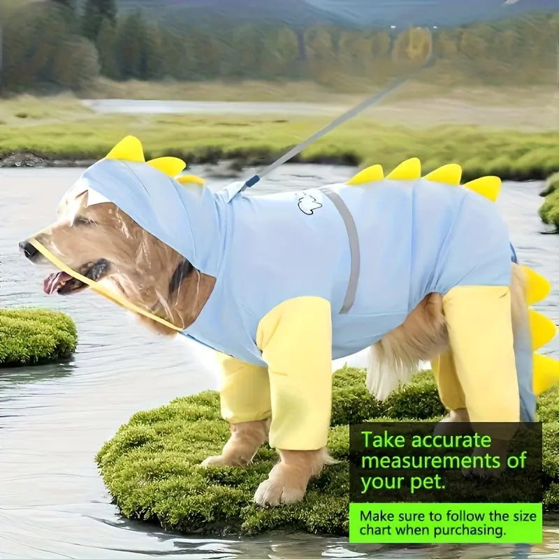 Large Breed Dog Dinosaur Raincoat - Full Body Coverage with 4-Leg and Tail Hoodie, Comfortable Polyester Design for Golden Retrievers and Labradors