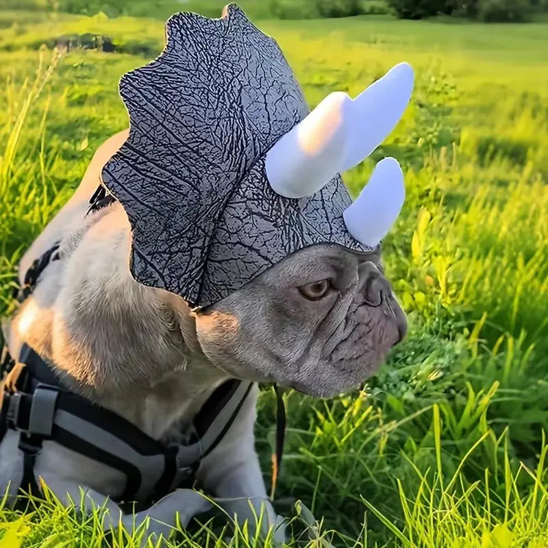 Halloween Pet Triceratops Dinosaur Costume Hat - Adjustable Headwear for Small to Medium Dogs with 3D Horns and Bionic Cracked Texture, Perfect for French Bulldogs