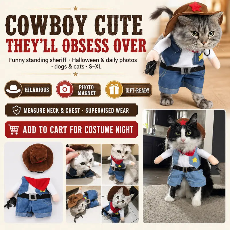 Western Sheriff Pet Costume for Dogs and Cats, Complete Outfit with Cowboy Hat, Bandana, and Lasso – Ideal for Halloween, Parties, and Photoshoots