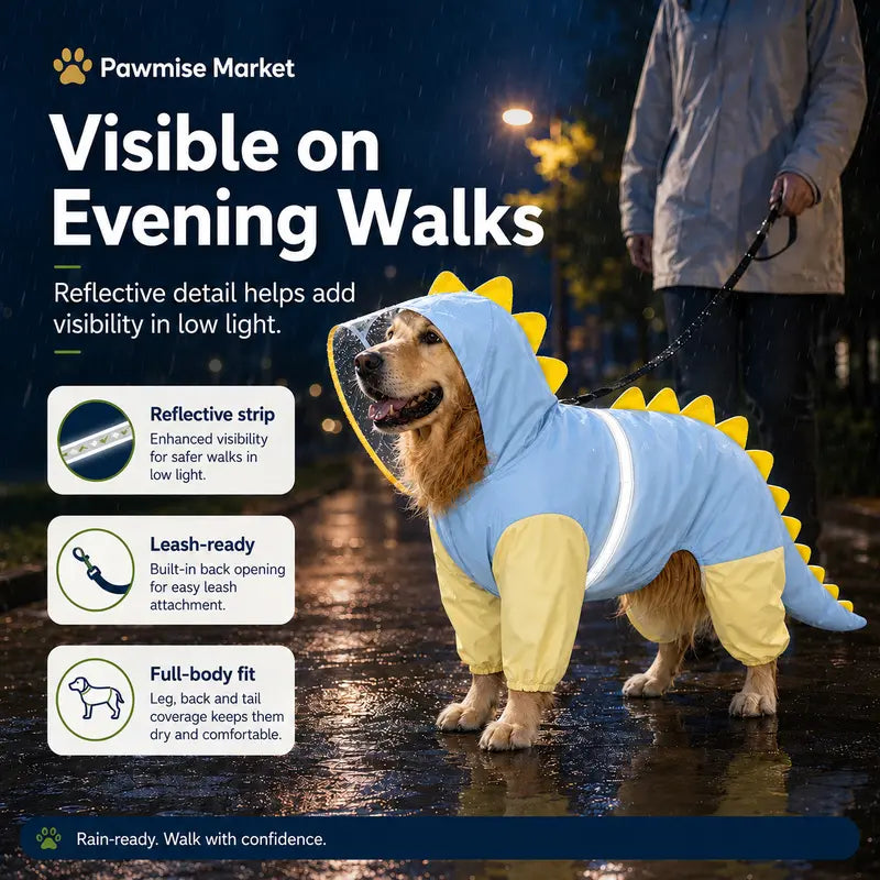 Large Breed Dog Dinosaur Raincoat - Full Body Coverage with 4-Leg and Tail Hoodie, Comfortable Polyester Design for Golden Retrievers and Labradors